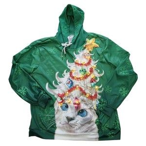 Christmas Cat Hoodie Blinking Santas Sweatshirt Womens XXXL Green Holiday Pocket